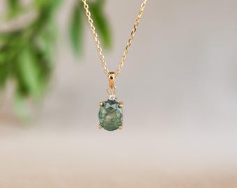 Natural Moss Agate Necklace 14K Gold Vermeil, Oval Gemstone Sterling Silver Necklace