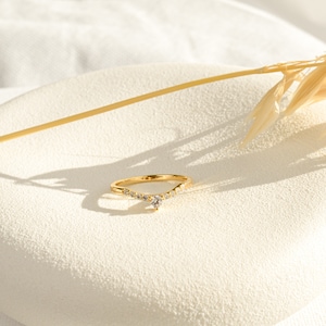 Può includere: Un delicato anello d'oro con un singolo diamante rotondo al centro e diamanti più piccoli che rivestono la fascia.