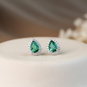 Genuine Emerald Stud Earrings Pear Cut, Real Lab Emerald Earrings Sterling Silver, Emerald Jewellery, Anniversary Birthday Gifts for Her