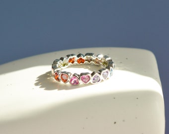 Rainbow Heart Ring Sterling Silver, Multi Gemstone Eternity Ring, Birthday Gifts for Her