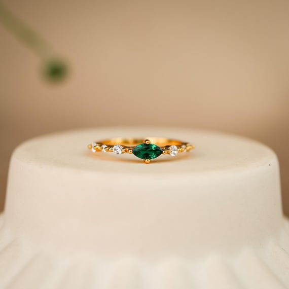 Genuine Emerald Marquise Cut Ring 14K Gold Vermeil, Dainty Stacking Silver Ring, Real Lab Emerald Jewellery, Birthday Gifts for her