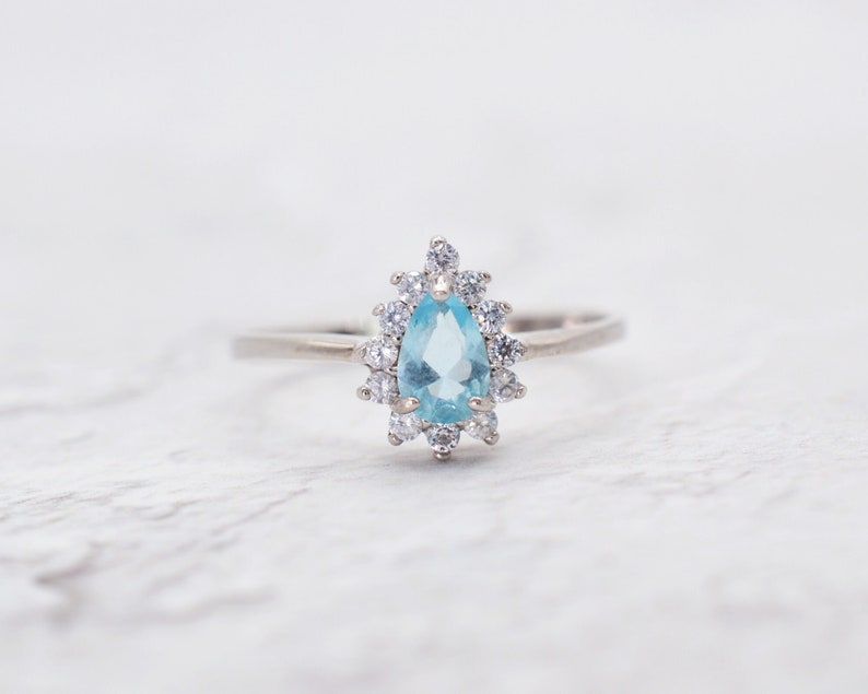 Simple Ring Genuine Gemstone Ring Silver Ring Dainty Ring Genuine Blue Topaz Pear Cut Halo Ring Birthstone Ring