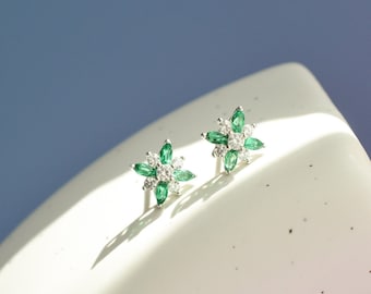 Genuine Emerald Stud Earrings Sterling Silver, Real Emerald Clover Earrings, Emerald Silver Jewellery, Anniversary Birthday Gifts for Her