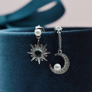 Genuine Blue Topaz Pearl Star Moon Earrings, Mismatched Star Moon Dainty Earrings,  Starburst Crescent Moon Silver Celestial Earrings