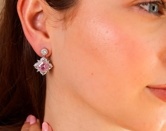 Pink Statement Drop Earrings Sterling Silver, Art Deco Earrings for special occasions, Bridal Wedding Earrings, Jewellery for Prom