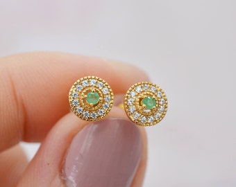 Genuine Emerald Stud Earrings, Gold Vermeil Sterling Silver Earrings, Birthstone Jewellery, Birthday Gifts for Her, Mother's Day Gifts