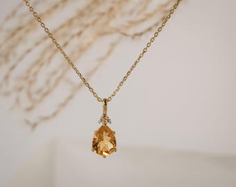 Natural Citrine Necklace 14K Gold Vermeil, Pear Cut Gemstone Sterling Silver Jewelry, Birthstone Birthday Gifts for Her