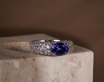 Genuine Sapphire Statement Ring, Lab Sapphire Pavé Sterling Silver Jewelry, Anniversary Promise Ring, Birthday gift for her