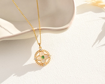 Real Jadeite Mother of Pearl Gold Necklace, Jade Gemstone Gold Pendant, Mother's Day gift, Anniversary/ Birthday Gifts For Her