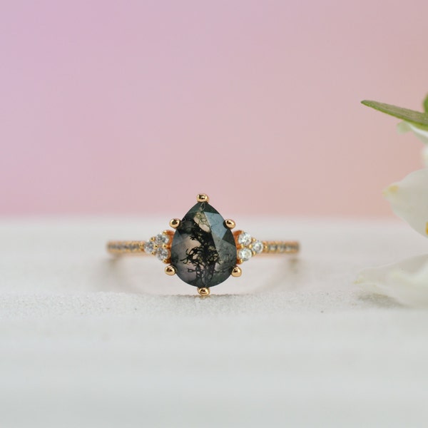 Moss Agate Gold Ring, Promise Ring Engagement Ring Vintage, Anniversary Birthday Gifts for Her, Moss Agate Jewelry Gift