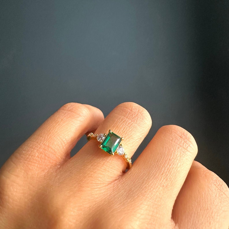 Genuine Emerald Gold Ring, 14K Gold Vermeil Emerald Engagement Ring, Statement Ring, Birthday gift for her image 4
