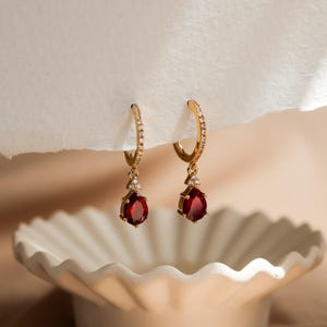 Ruby Gold Hoop Earrings 14K Gold Vermeil, Genuine Lab Ruby Vintage Earring, Birthstone Birthday Gifts for Her