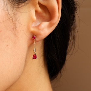 Ruby Gold Drop Earrings Art Deco, Genuine Ruby Vintage Dangle earrings, Sterling silver earrings, Gifts for mum, Birthday Gifts for Her