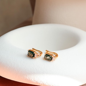 Natural Moss Agate Gold Hoop Earrings Art Deco, Dainty Huggie Hoops, Agate Vintage Gold Jewellery, Anniversary Birthday Gifts for Her