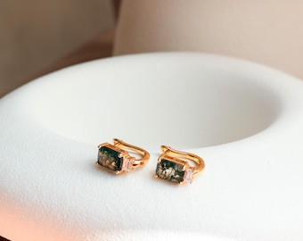 Natural Moss Agate Gold Hoop Earrings Art Deco, Dainty Huggie Hoops, Agate Vintage Gold Jewellery, Anniversary Birthday Gifts for Her