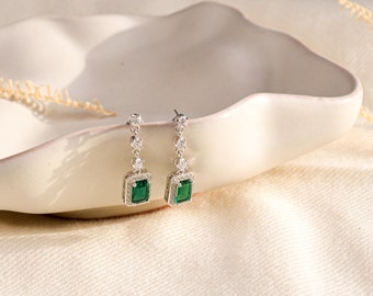 Real Emerald Dangle Earrings Sterling Silver Emerald Vintage drop earrings, Gift for Mum, Birthday Gifts