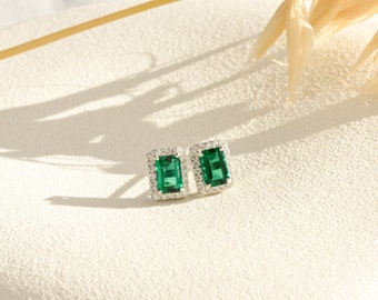 Genuine Emerald Stud Earrings, Real Emerald Earrings Sterling Silver, 1ct Emerald Jewellery, Anniversary Birthday Gifts for Her