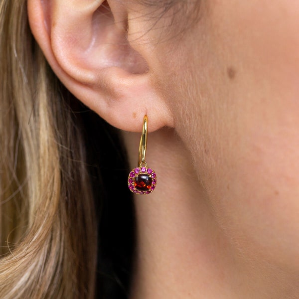 Natural Garnet Ruby Earrings Gold, Garnet Dangle Earrings, Birthstone Gold Jewellery, Art Deco Sterling Silver Birthday Gifts for Her