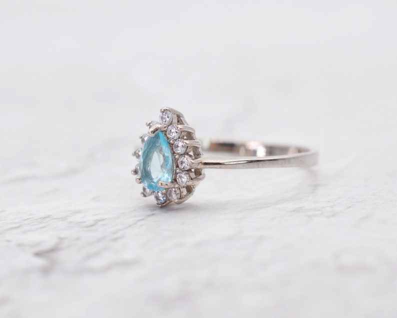 Simple Ring Genuine Gemstone Ring Silver Ring Dainty Ring Genuine Blue Topaz Pear Cut Halo Ring Birthstone Ring