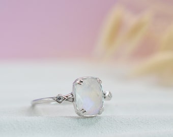 14K Solid Gold Moonstone Engagement Ring, Art Deco Vintage Ring, Alternative Engagement Ring, Unique Gemstone Ring, Birthday Gifts for Her