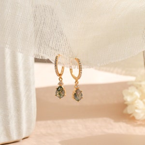 Moss Agate Gold Hoop Earrings, Pear Moss Agate Vintage Ring Necklace Set, Anniversary Birthday Gifts for Her