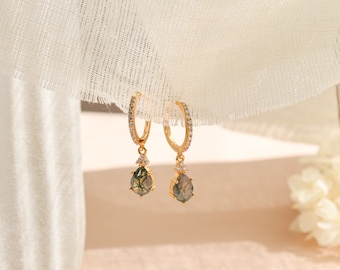 Moss Agate Gold Hoop Earrings, Pear Moss Agate Vintage Ring Necklace Set, Anniversary Birthday Gifts for Her