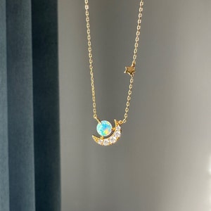 Moon Opal Gold Necklace, Gold Opal Pendant, Dainty Moon Star Necklace Gold, Birthday Gift for Her