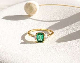 Genuine Emerald Gold Ring, 14K Gold Vermeil Emerald Engagement Ring, Statement Ring, Birthday gift for her