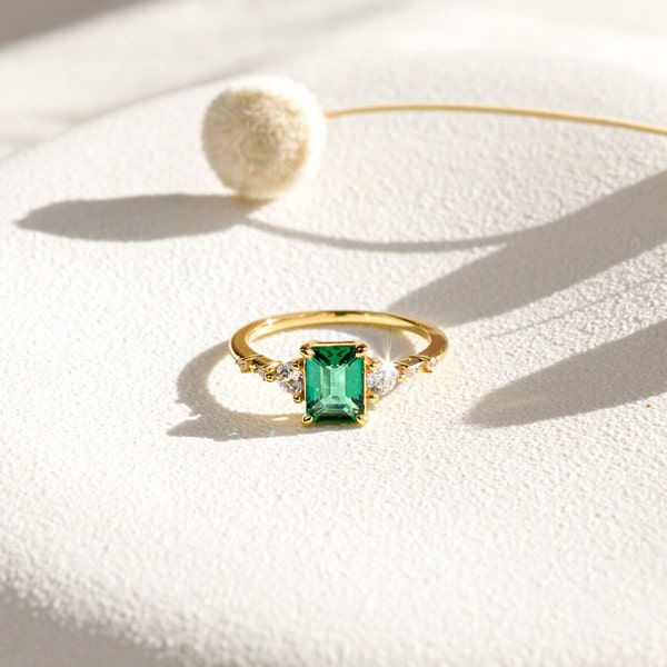 Genuine Emerald Gold Ring, 14K Gold Vermeil Emerald Engagement Ring, Statement Ring, Birthday gift for her