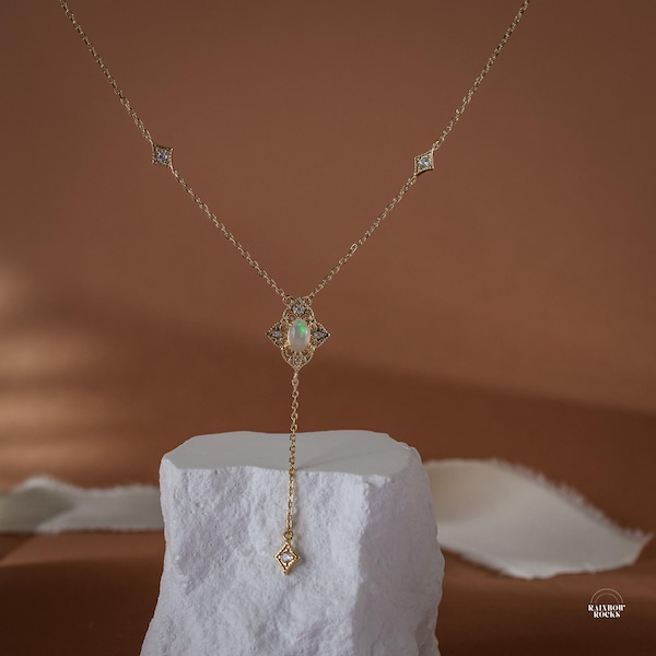 Natural Opal Art Deco Necklace, Opal Gold Necklace Earrings, Vintage Pendant, Birthday Gifts for her