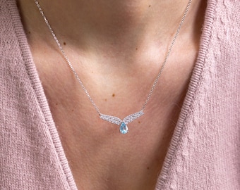 Blue Stone Silver Necklace, Wings Blue Topaz Birthstone Necklace, Gemstone Jewellery, Birthday Gifts For Her