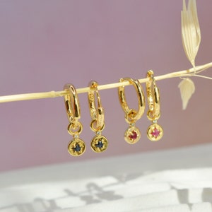 Blue Sapphire Solid Gold Hoop Earrings, 9K Star Huggie Hoop Earrings, Dainty Birthstone earrings, Gifts for Mum Birthday Gifts for Her