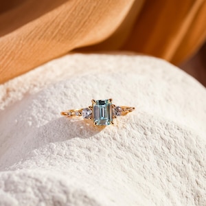 Aquamarine Ring 14K Gold Vermeil, March Birthstone Blue Stone Cz Ring,  Emerald Cut Engagement Ring,  Dainty Jewelry, Birthday gift for her