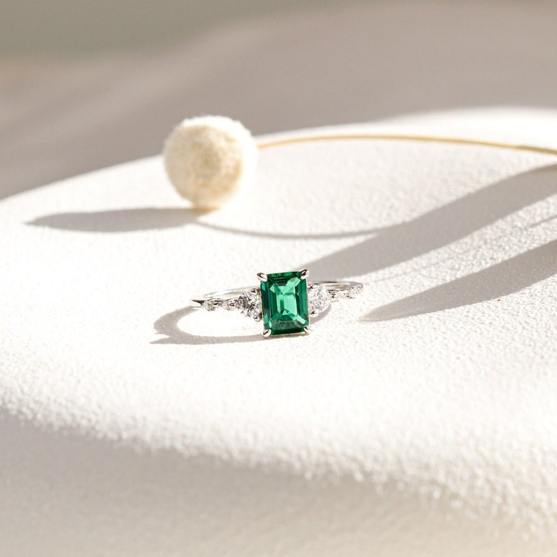 Genuine Emerald Gold Ring, 14K Gold Vermeil Emerald Engagement Ring, Statement Ring, Birthday gift for her image 2