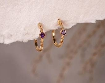 Natural Amethyst Earrings 14K Gold Vermeil, Genuine Gemstone Hoop Earring Sterling Silver, Vintage Birthstone Jewellery