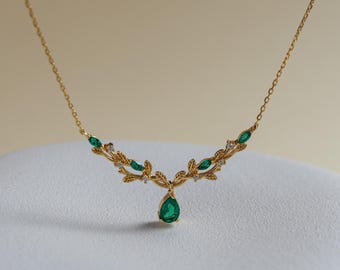 Genuine Emerald Leaf Necklace, Lab Eemerald Vintage Vine Pendant, Birthday Gifts for Her