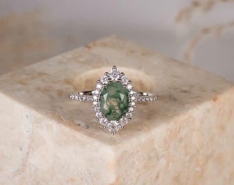 Natural Moss Agate Sterling Silver Ring, Oval Cut Green Gemstone Vintage Ring, Promise Engagement Ring, Anniversary Birthday Gifts for Her