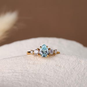 Aquamarine Ring 14K Gold Vermeil, March Birthstone Ring, Blue Cz Promise Ring, Dainty Gemstone Ring, Minimalist Jewelry Gift for Her