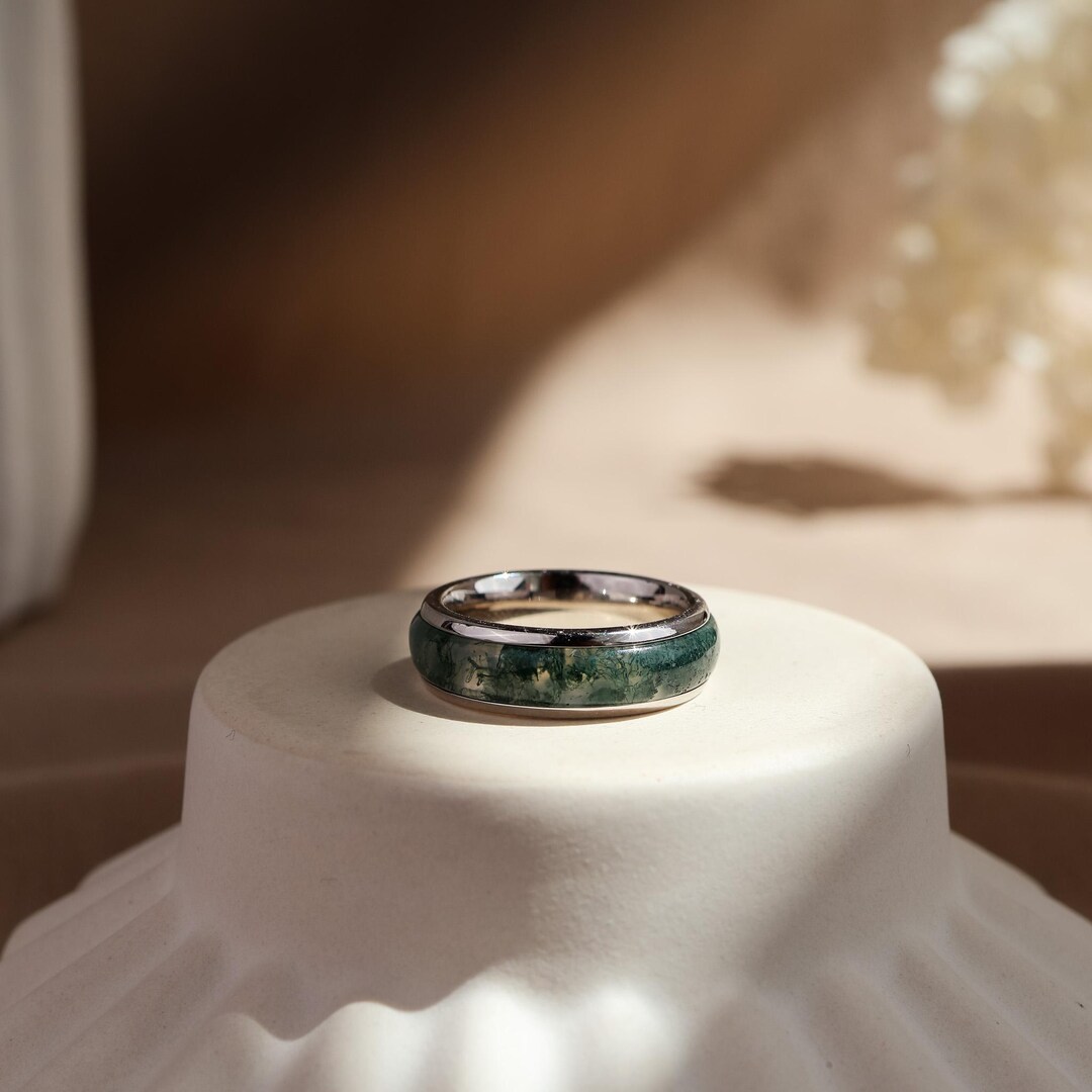 Moss Agate Inlay Ring Sterling Silver, Natural Agate Dome Ring, Promise ...