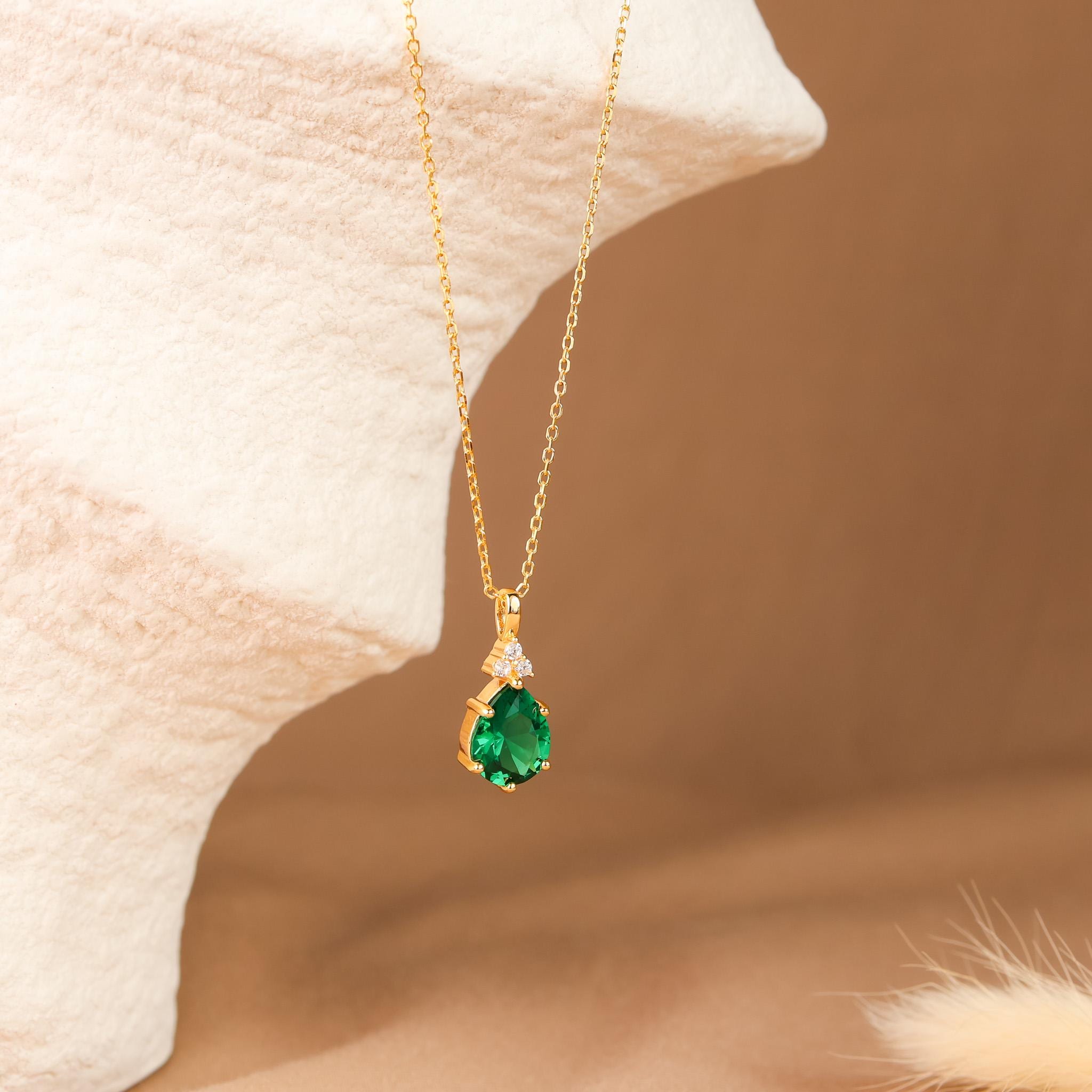 Emerald Necklace 14K Gold Vermeil, Emerald Green CZ Earring Necklace Jewellery Set, Anniversary Birthday Gifts for Her