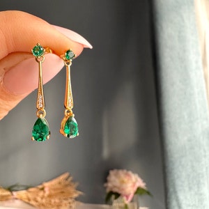 Emerald Art Deco Gold Earrings, Emerald Drop Dangle Earrings, Vintage Jewellery, long drop earrings, Gifts for Mum, Birthday Gifts image 3