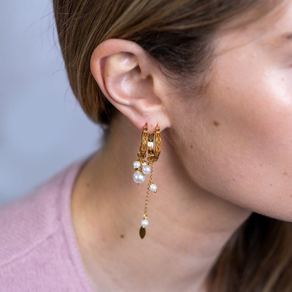 Mismatched Pearl Sculpted Gold Vermeil Hoop Earrings Pearl - Etsy