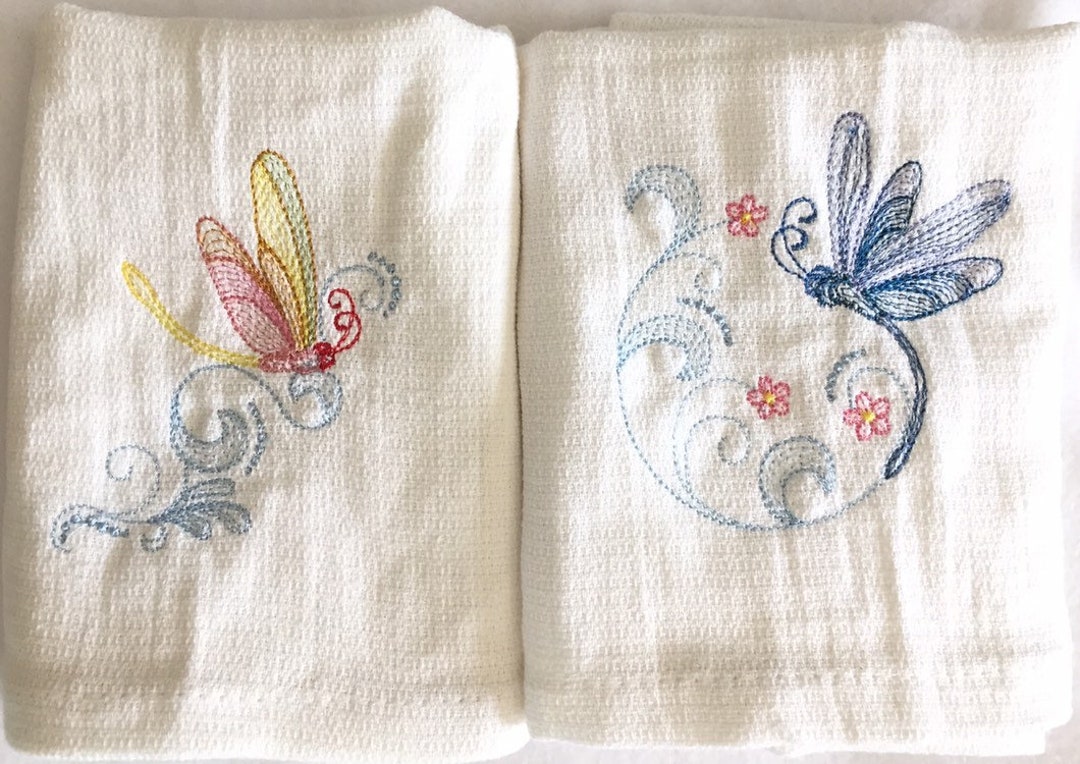 Embroidered Dragonflies Kitchen Towels Etsy