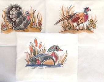 Woodland Wood Duck, Pheasant & Turkey Sketches Embroidered Flour Sack Towels Set