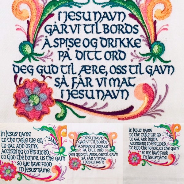 Norwegian Table Prayer in both English and Norwegian with Rosemaling on Tea Towels