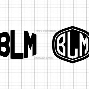 May include: Two black and white designs of the letters BLM. One design is a simple block letter design and the other is a monogram design with the letters inside a shield shape.