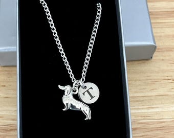Sausage Dog  Necklace , Dachshund Necklace Personalised with Initial Disc Xmas Gift, Friend Gift,