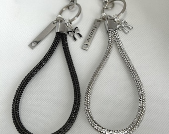 Rhinestone personalised Wrist strap Bagcharm Keychain Stainless Steel Tag Bow Charm, Friend Gift, Heart Clasp