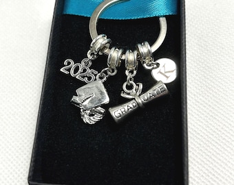 Graduation Gift , 2025 2026 Graduation Keepsake, Personalised with Initial Disc, Mortar Board , Scroll , Graduation Keyring