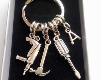 Tools Keyring, DIY Enthusiast Gift, Tradesman Keyring ,Handyman Gift ,Fathers Day Gift, Dad Gift, Grandad Gift, Drill Keyring Birthday